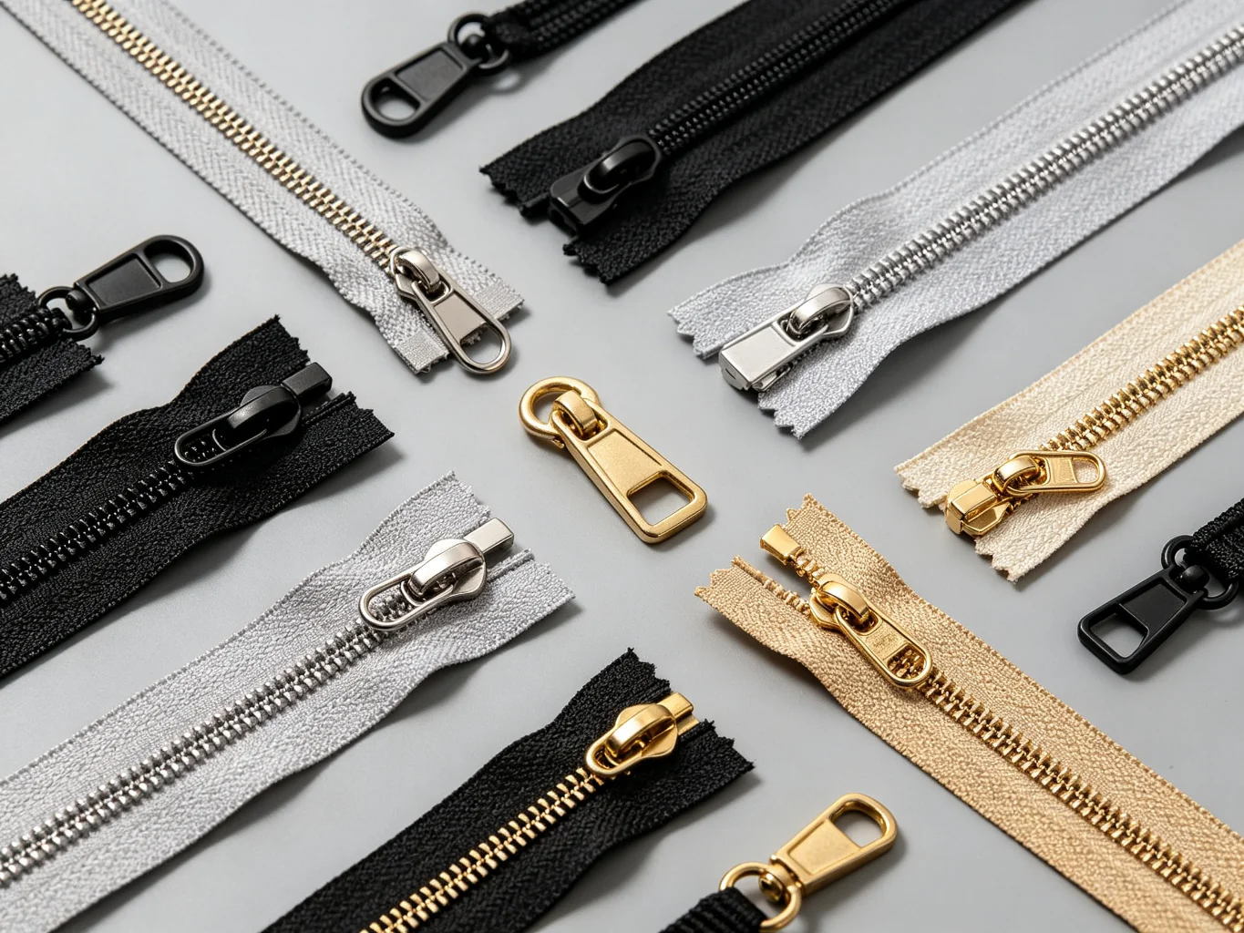 Various bag zippers in nylon coil, resin plastic and metal brass types
