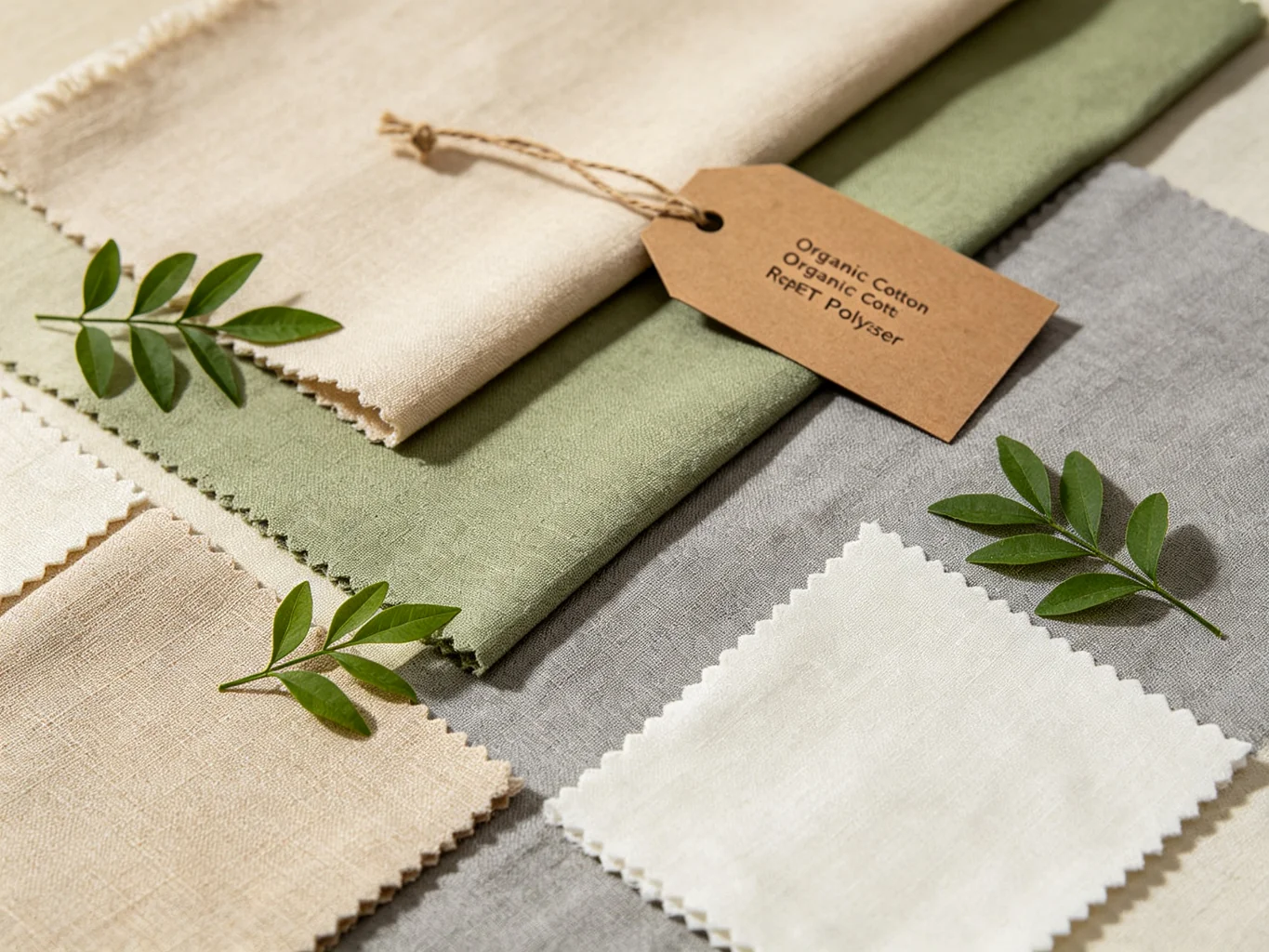 Eco-friendly sustainable fabric collection with organic cotton recycled RPET and natural linen