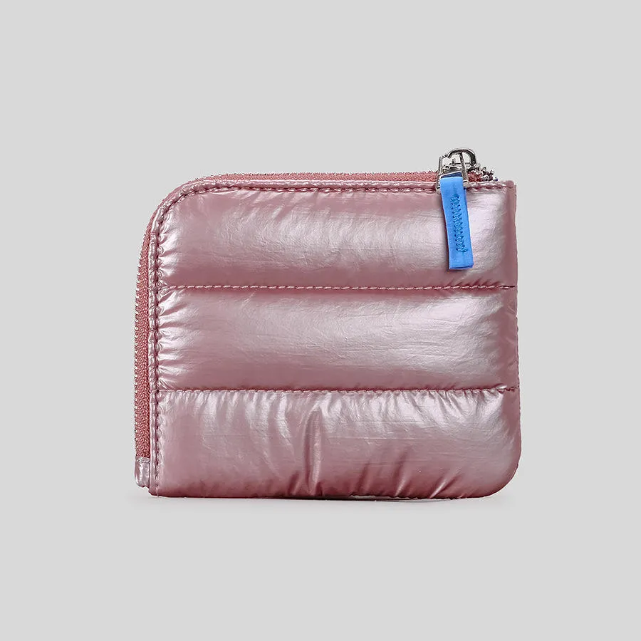 Custom metallic pink quilted wallet with shimmering polyester finish