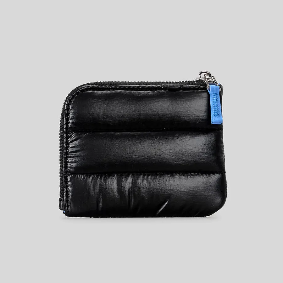 Custom-molded zip puller and hardware on metallic fashion wallet