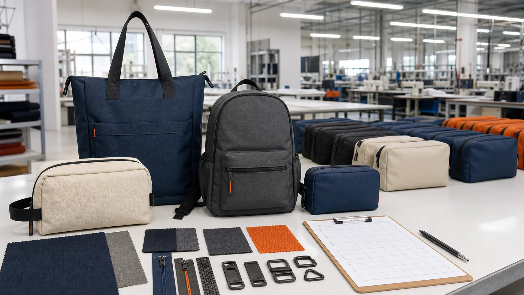 Custom bag prototypes, material swatches and production batches prepared for MOQ planning