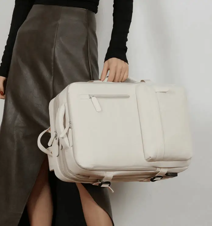 Person wearing view showing sleek exterior - waterproof backpack factory production