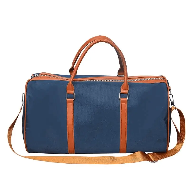 Nylon Duffel Bag Manufacturer - Navy blue with brown leather accents and dual handles