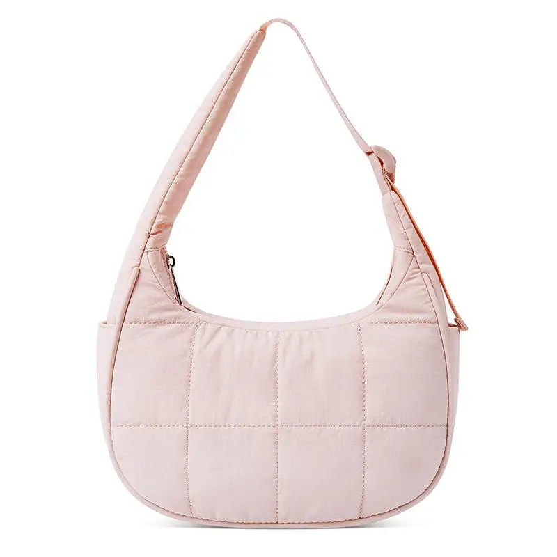 Waterproof puffer handbag manufacturer - Soft pink bag with quilted design and modern hobo silhouette for fashion accessory OEM production
