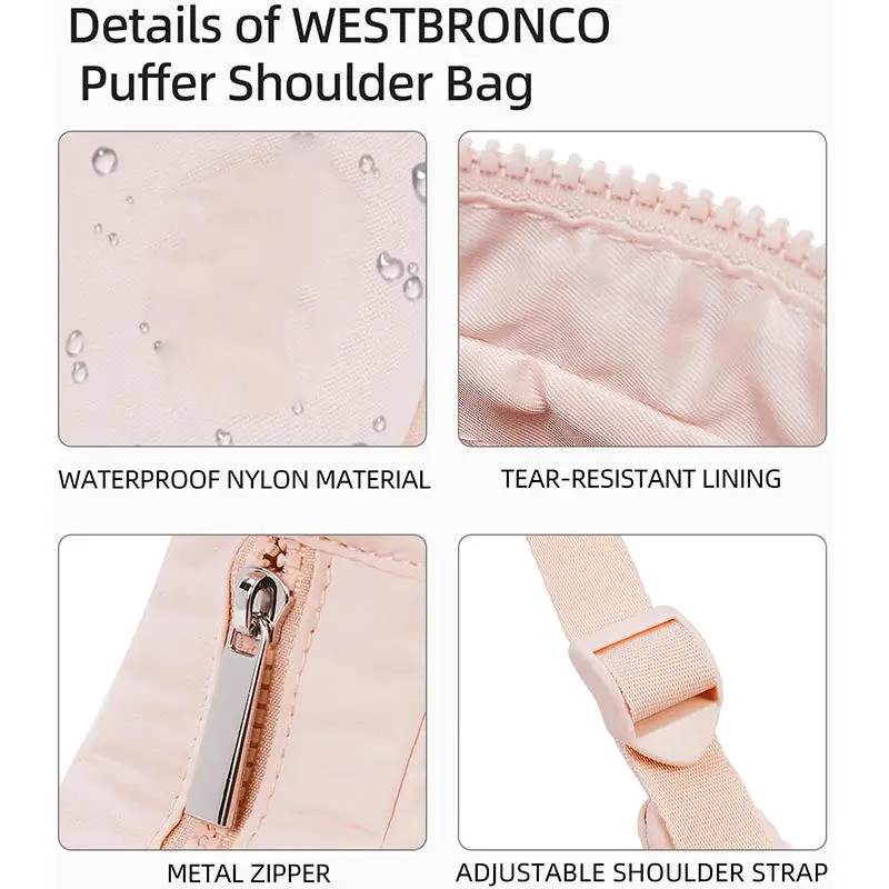 Detail features of puffer bag - Waterproof material and quality stitching for custom fashion manufacturing