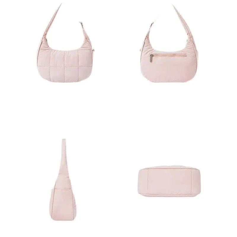 Multiple angles of pink handbag - Quilted texture and construction details for OEM fashion orders