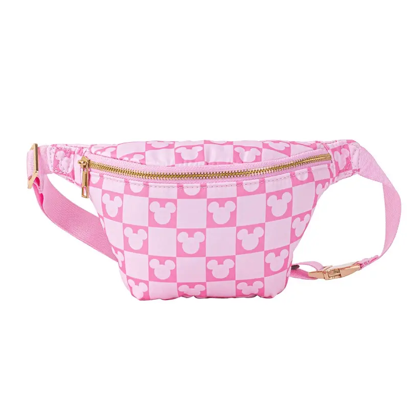 Mickey Mouse checkered waist bag manufacturer - Pink checkered waist bag with Disney-inspired pattern for custom OEM production