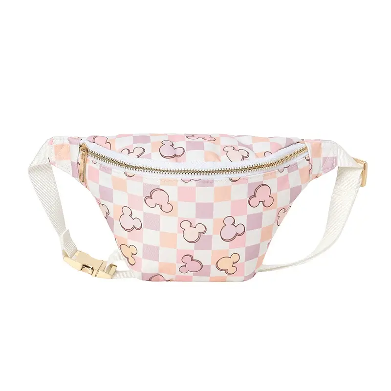 Mickey Mouse waist bag dimensions view - Custom manufacturing quality for wholesale entertainment accessories showing multi-colored pattern