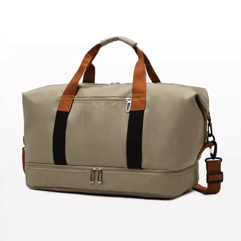 Oxford fabric weekender duffel bag manufacturer - Khaki color with black/brown accents and multiple pockets for OEM durable bag production