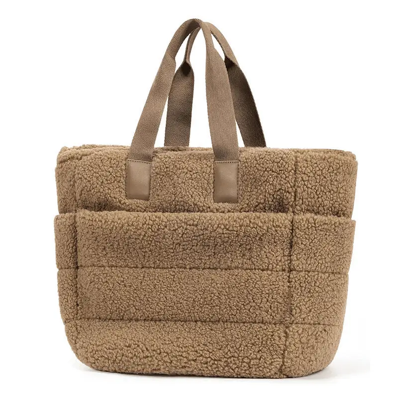 Plush tote bag manufacturer - Teddy bear style plush tote with leather-like handles for custom OEM production