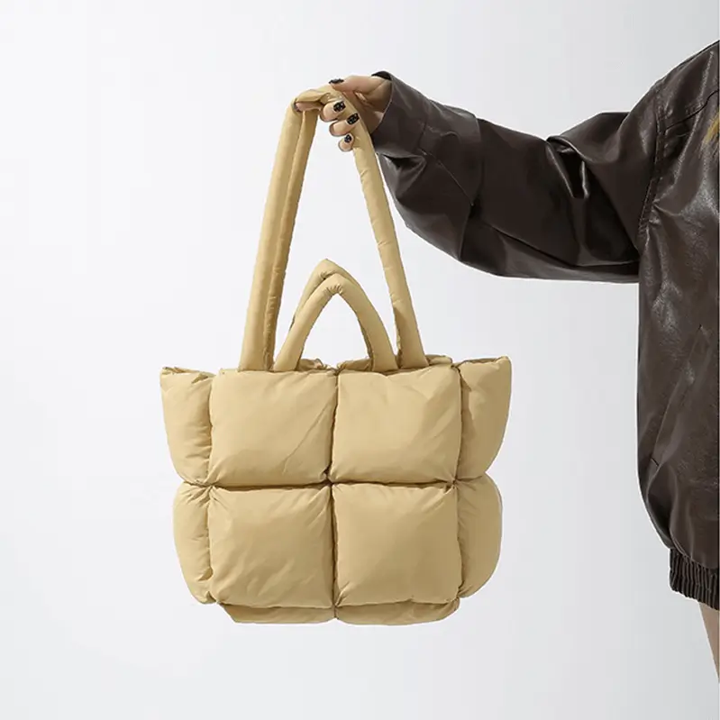 Puff tote bag alternative view - Manufacturing precision for wholesale fashion accessory factory showing voluminous design