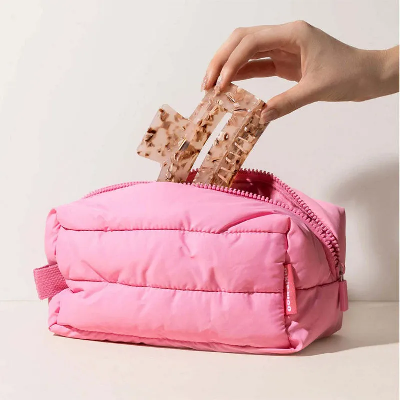 Nylon travel cosmetic bag manufacturer - Ivory puffy quilted travel makeup bag with webbing handle for custom OEM production