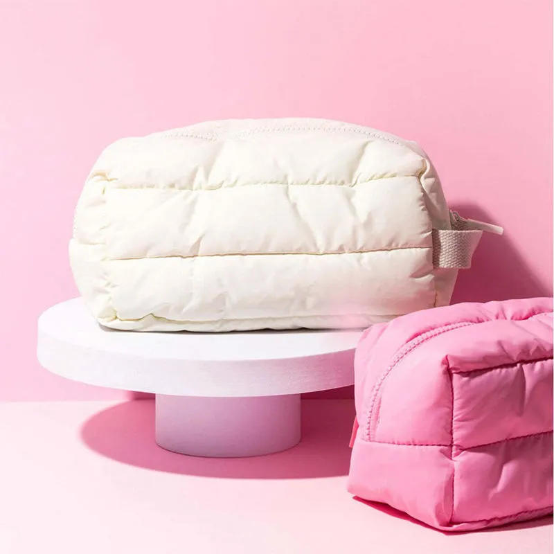 Pink puffy travel cosmetic bag - Vibrant color option for custom manufacturing