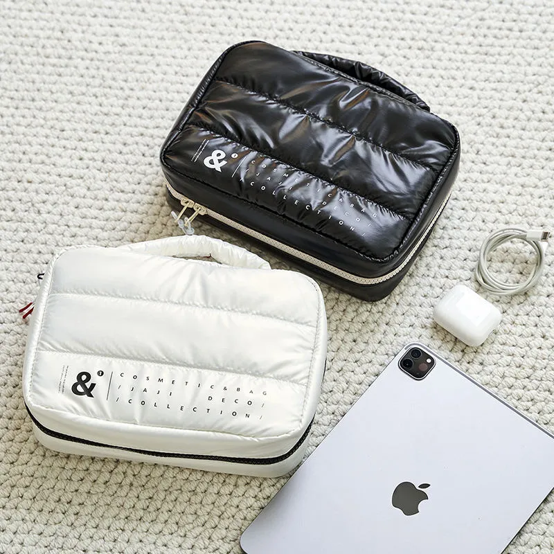 Puffy quilted bag as tech organizer - Multi-functional demonstration for custom manufacturing