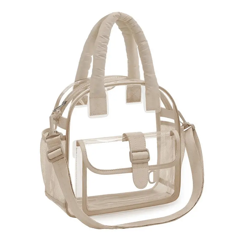 Stadium-approved clear tote bag manufacturer - Beige accent transparent bag with security-compliant design for event venue OEM production