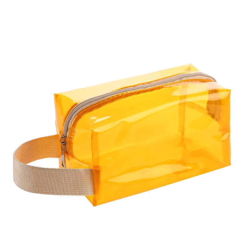 PVC translucent cosmetic pouch manufacturer - Yellow puffy translucent glow makeup pouch with webbing handle for custom OEM production