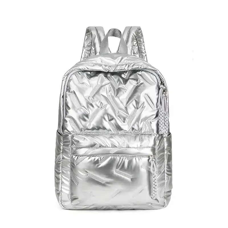 Silver metallic finish with eye-catching pattern - OEM quilted backpack production