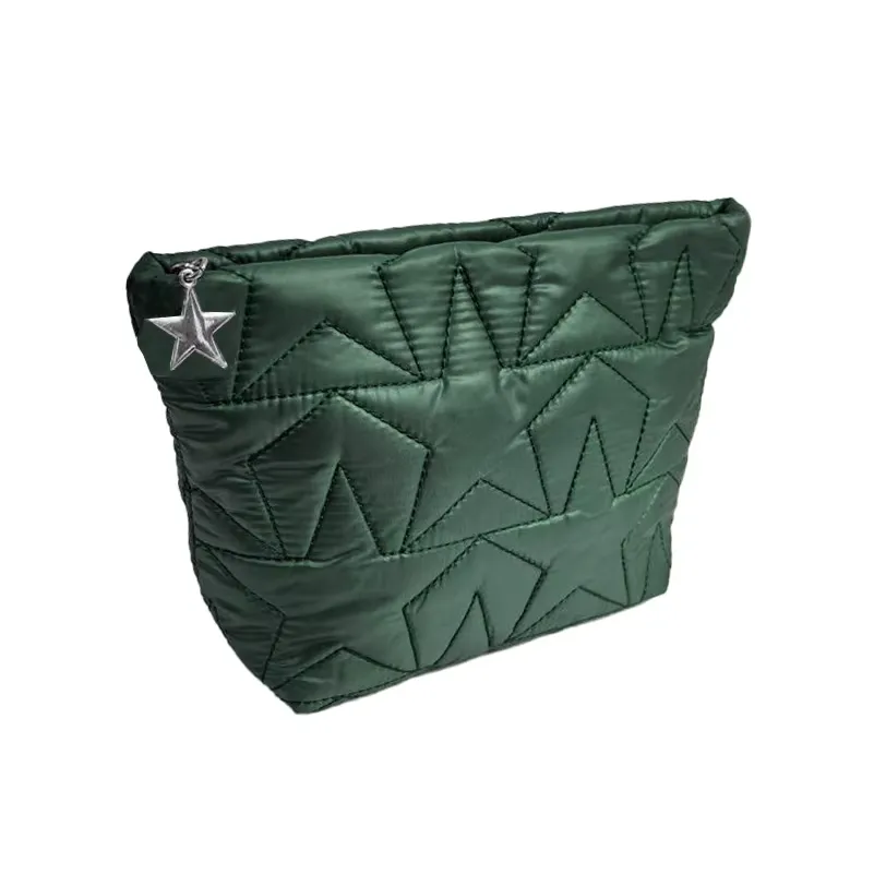 Polyester cosmetic bag manufacturer - Emerald green quilted star pattern makeup bag with silver star charm for custom OEM production