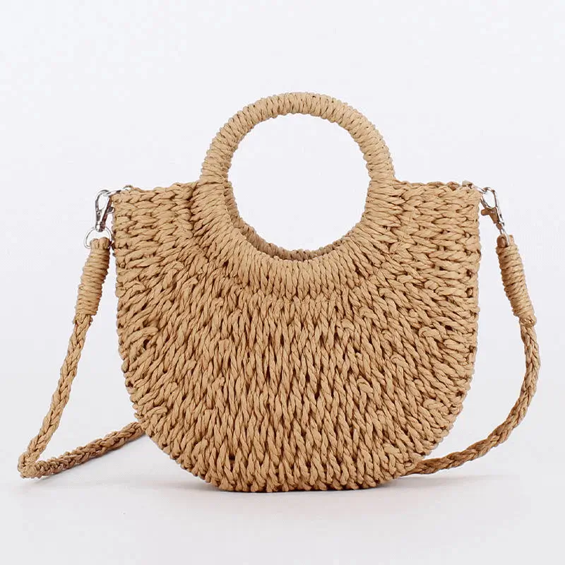 Brown straw bag with textured weaving - Warm natural tones and circular handle design for wholesale fashion