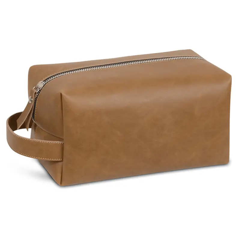 Retro cosmetic bag manufacturer - Vintage brown structured makeup bag with top handle for custom OEM production