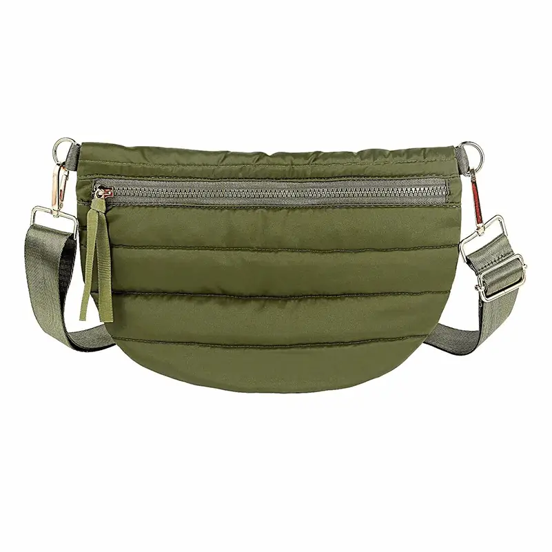 Running belt waist bag manufacturer - Olive green quilted nylon waist bag with adjustable strap for custom OEM production