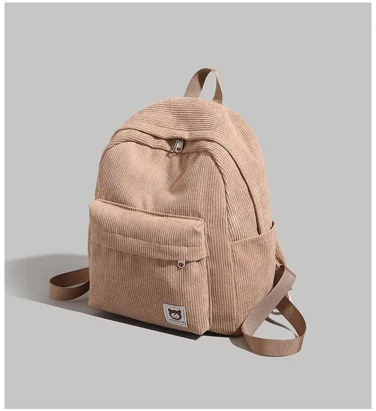 Front view showing cute bear logo and zipper pocket - children's backpack factory production