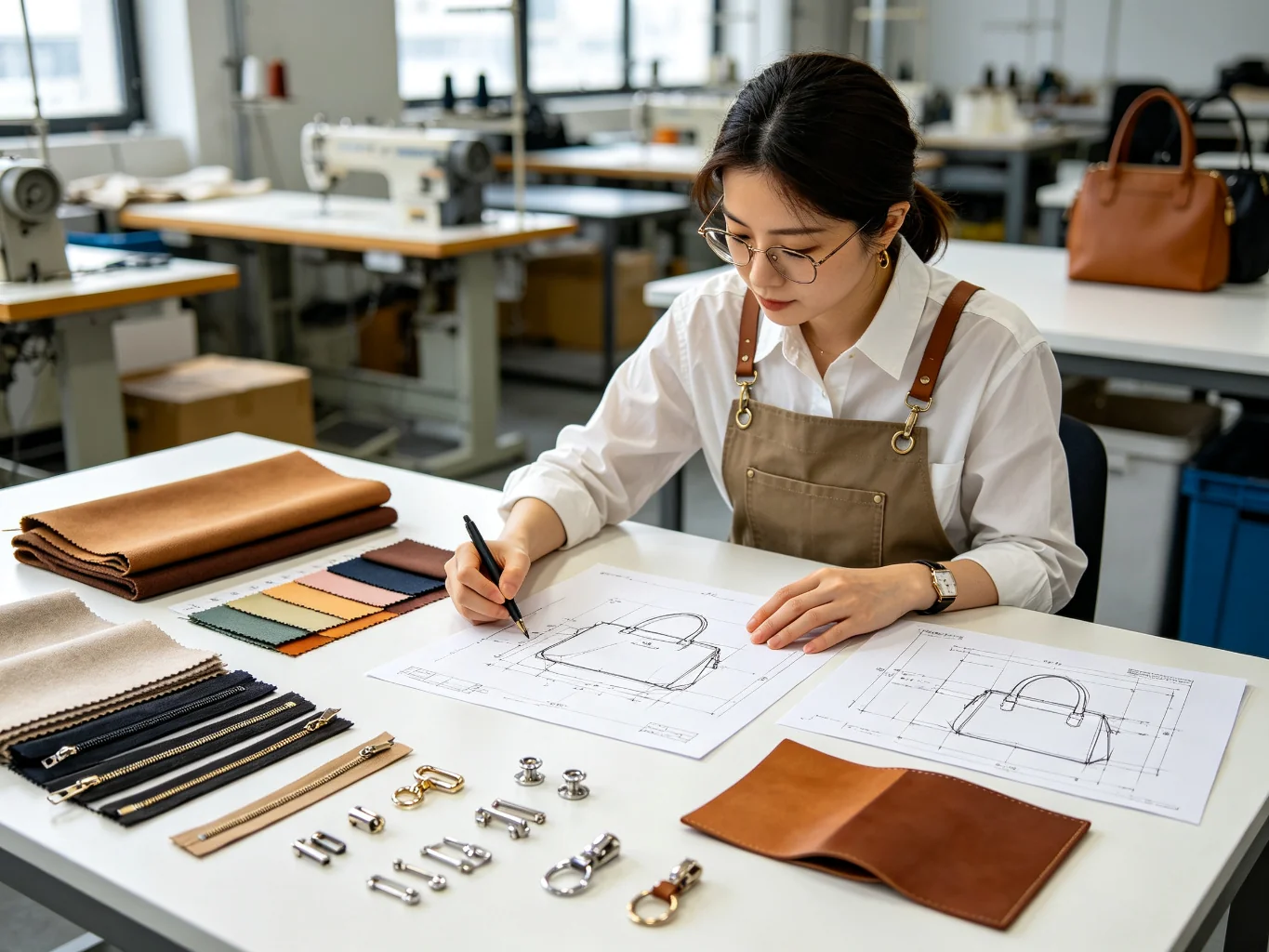 Designer reviewing bag sketches and material samples at the factory studio