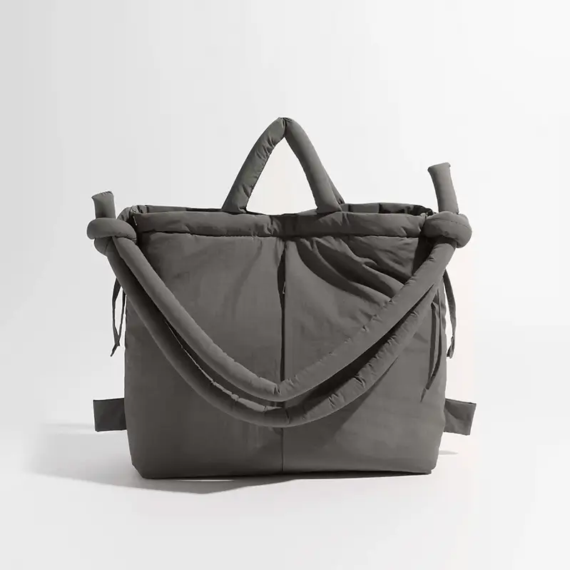 Padded shoulder tote detailed view - Production quality for custom accessory manufacturing