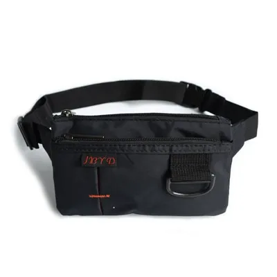 Adjustable strap and zipper hardware on slim passport waist pouch