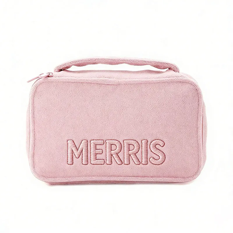 Soft towel fabric cosmetic bag manufacturer - Plush pink embroidered makeup bag with fabric handle for custom OEM production
