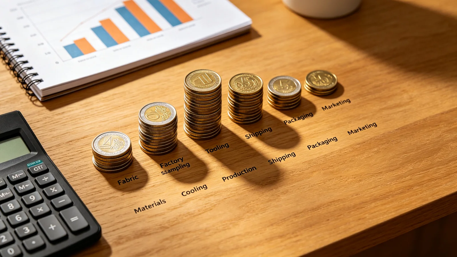 Bag brand startup budget breakdown with coin stacks representing material, tooling, production, shipping, packaging and marketing costs