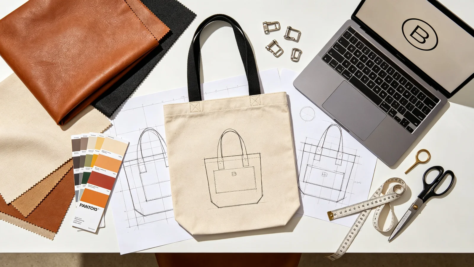 Bag brand startup workspace with fabric swatches, sketches, prototype bag and laptop showing logo design