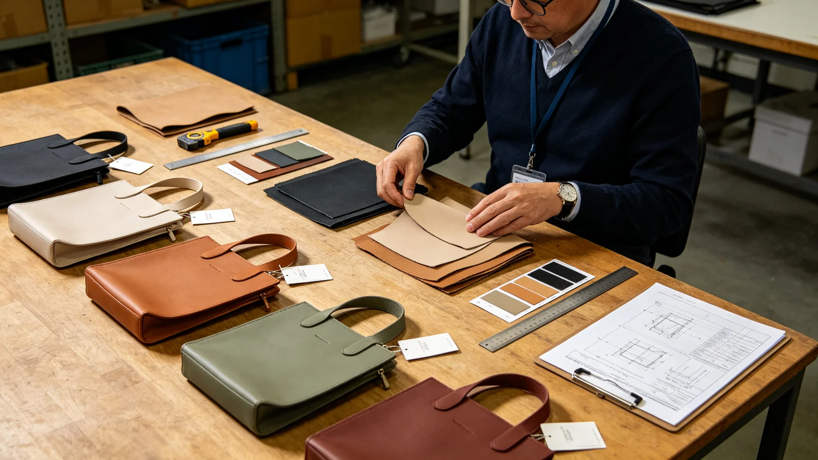 Factory quality control inspector examining multiple prototype bag samples on a wooden table