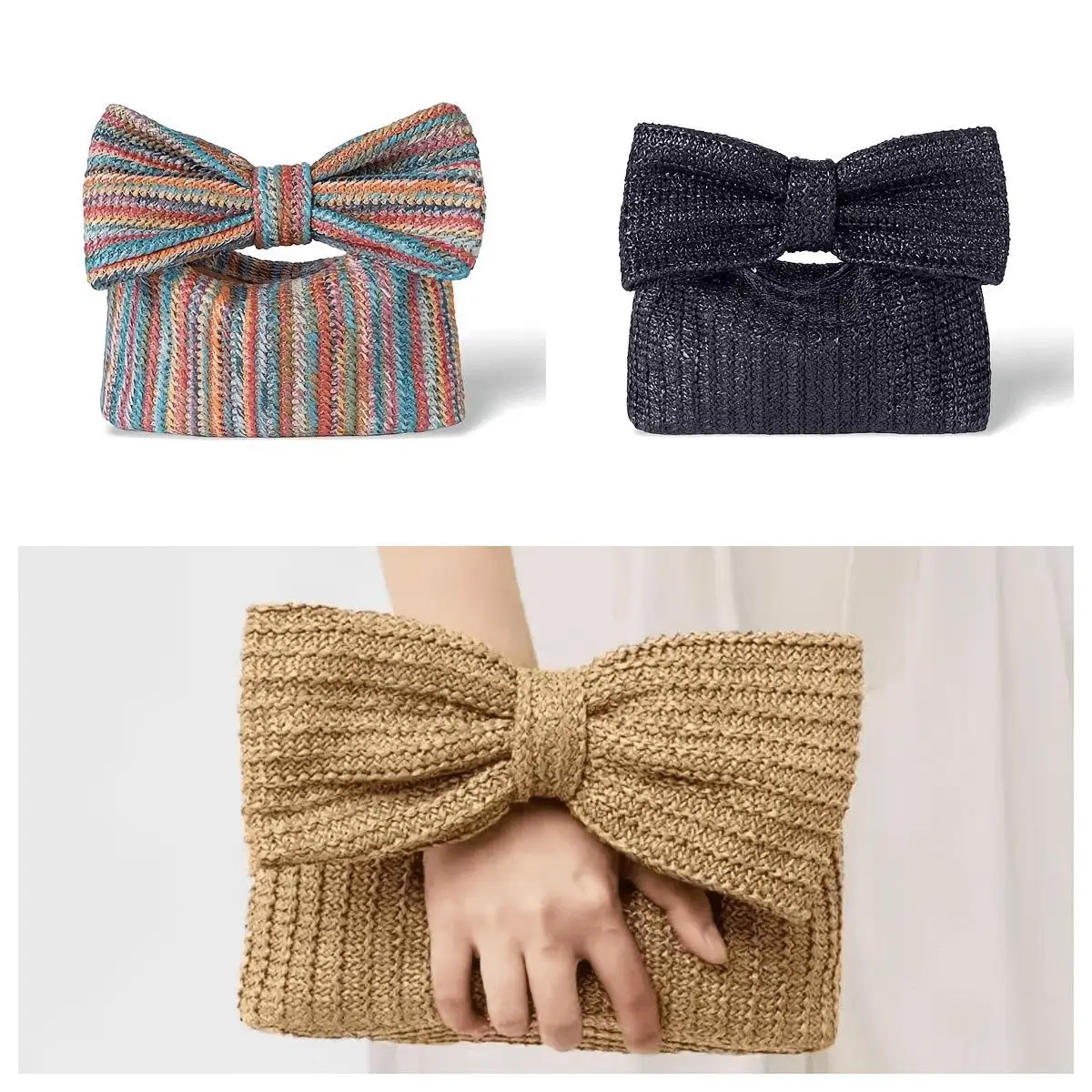 Colorful striped clutch bag - Vibrant pattern options and bow detail for artisanal accessory factory production