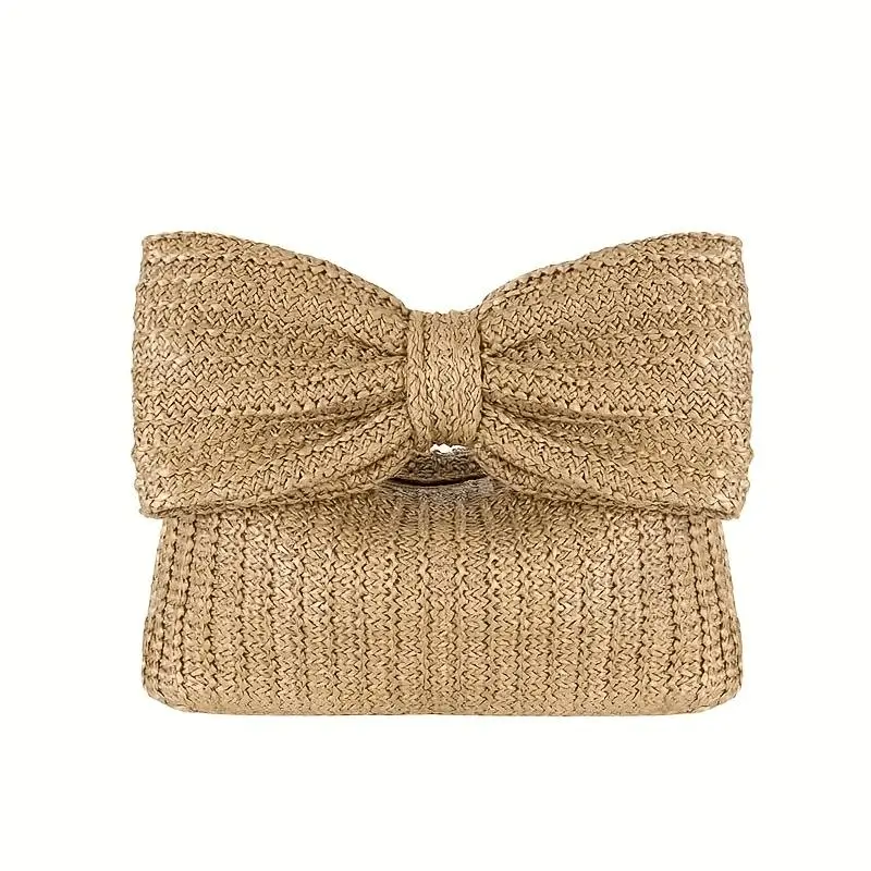Natural straw clutch with large bow - Textured weaving and elegant proportions for OEM fashion orders