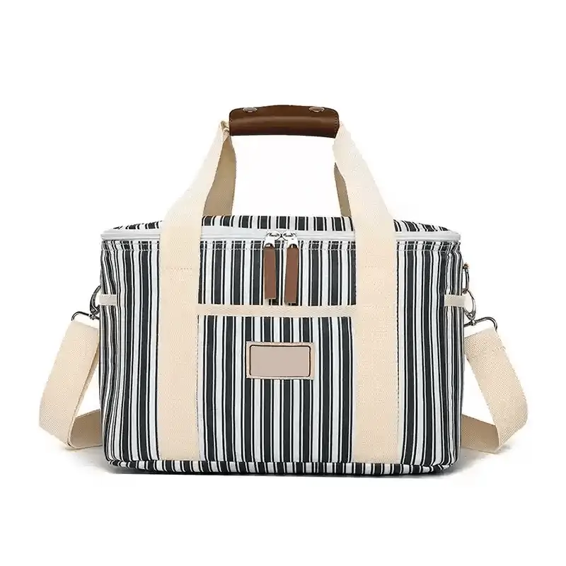 Striped insulated cooler bag manufacturer - Black white stripe retro chic design with leather handle for fashionable OEM production