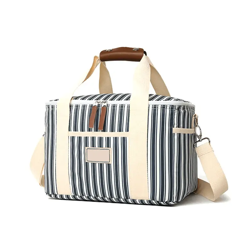 Navy stripe version - Insulated tote bag factory showing nautical style for wholesale lifestyle orders