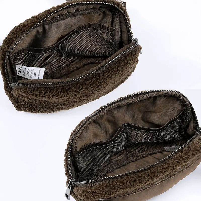 Teddy material fanny pack interior - Custom manufacturing quality for wholesale seasonal accessories showing size specifications