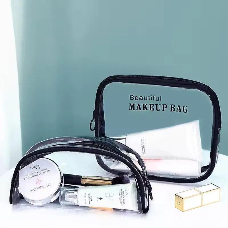 Transparent PVC cosmetic bag manufacturer - Clear PVC makeup bag set with Beautiful Makeup Bag print for custom OEM production