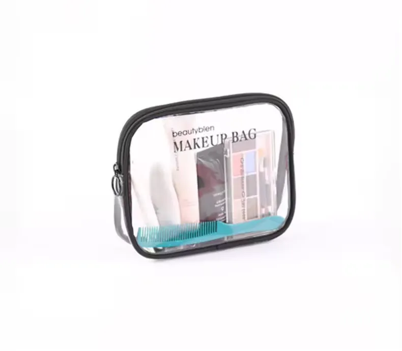 Transparent PVC cosmetic bag detail view - Reinforced piping quality for wholesale beauty accessory production