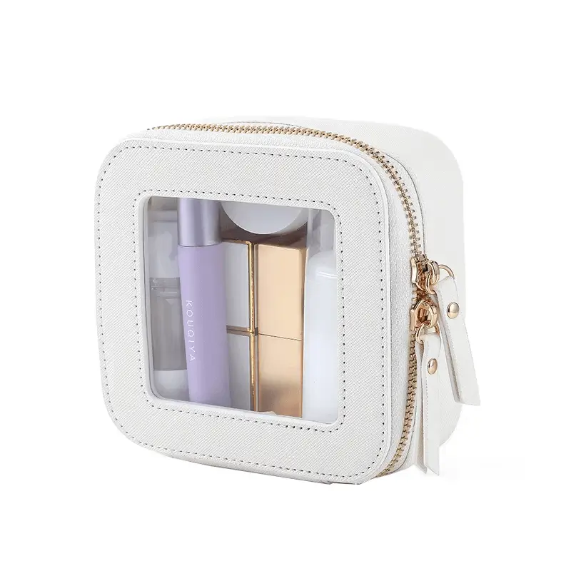 Transparent window cosmetic bag detail view - Clear panel quality for wholesale beauty accessory production