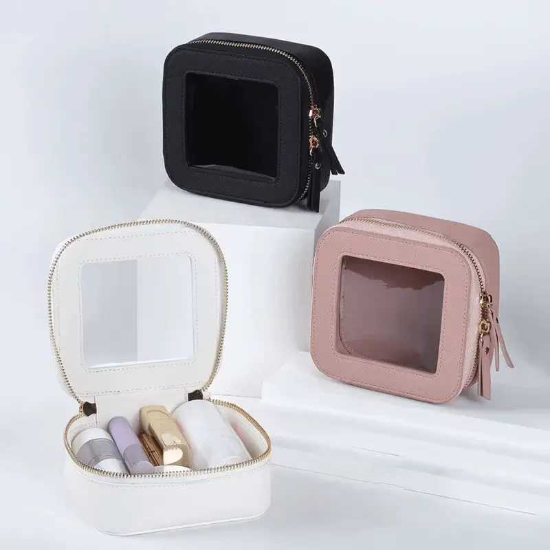 Transparent window PU bag with cosmetics - Practical design for custom manufacturing