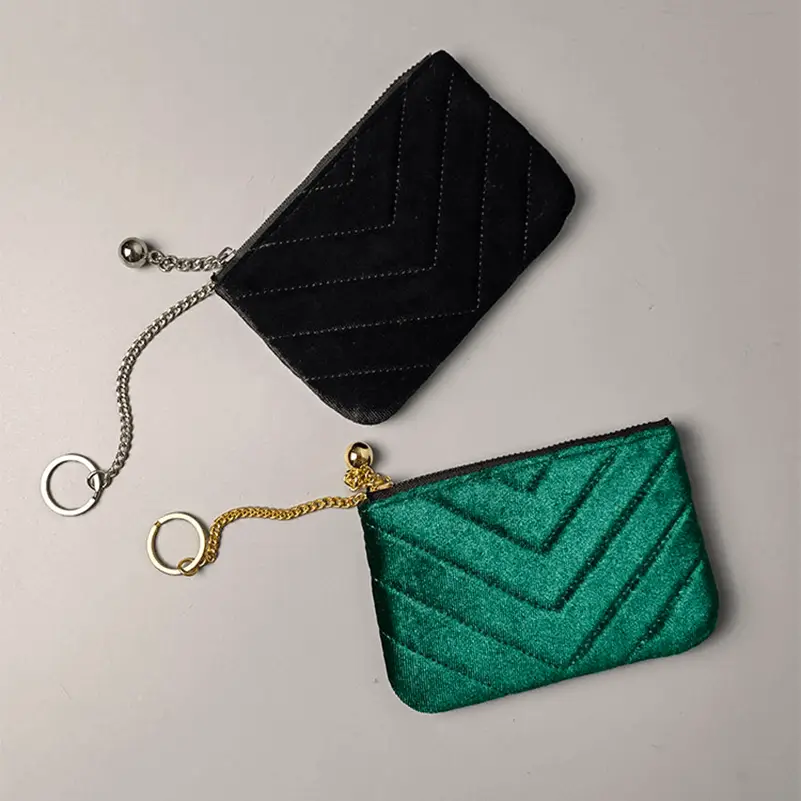 Velvet mini wallet manufacturer - Premium chevron quilted velvet wallet with chain strap technology for custom OEM fashion accessory production