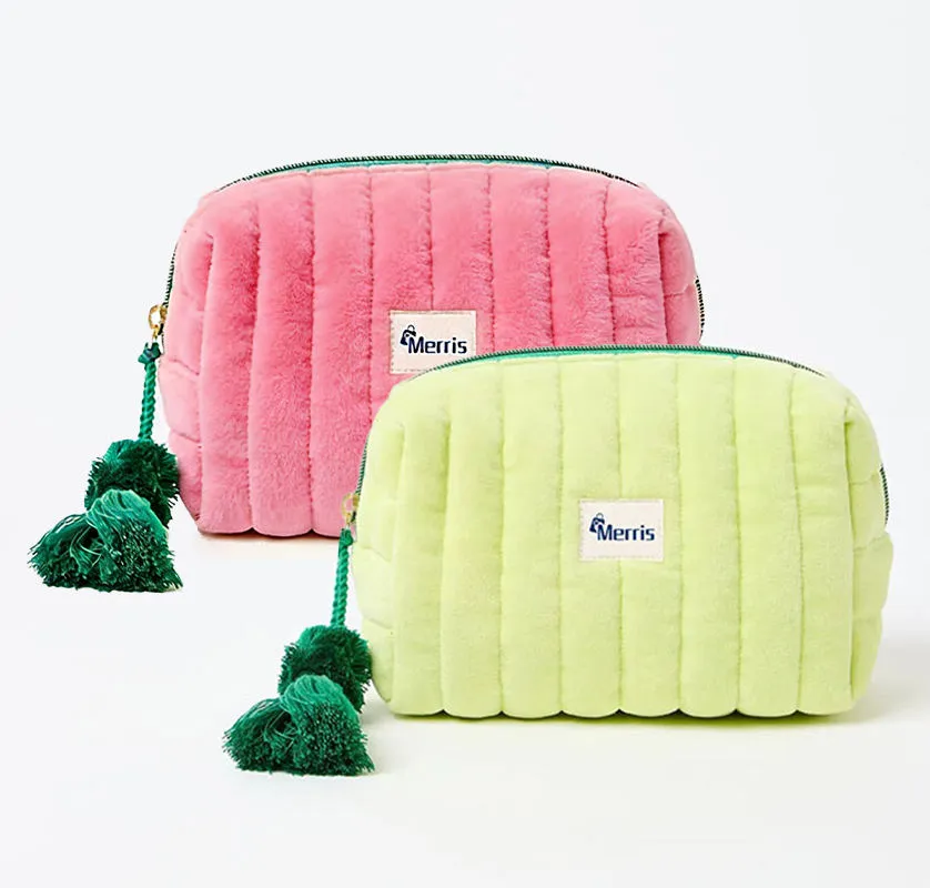 Velvet quilted cosmetic bag manufacturer - Plush lime velvet makeup bag with tassel closure for custom OEM production