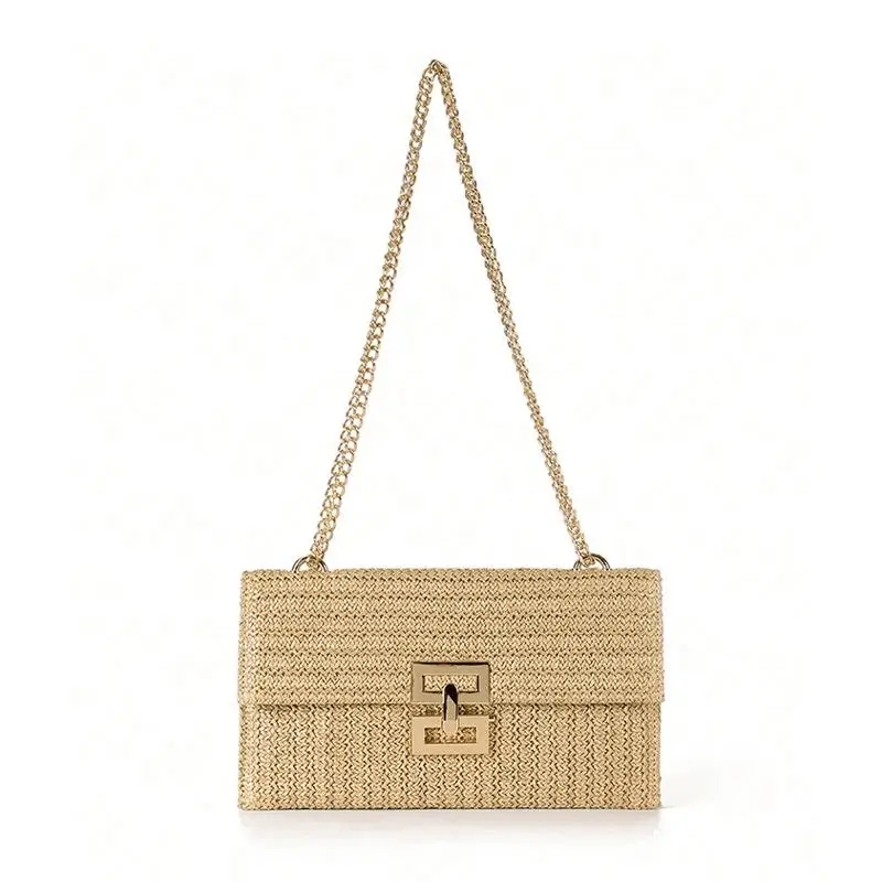 Straw shoulder bag manufacturer - Natural straw bag with gold chain strap and handwoven texture for boutique fashion OEM production