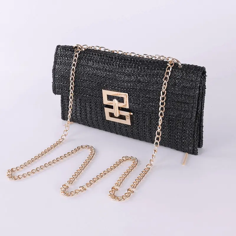 Black straw woven shoulder bag - Classic color option for OEM fashion orders with sophisticated appeal